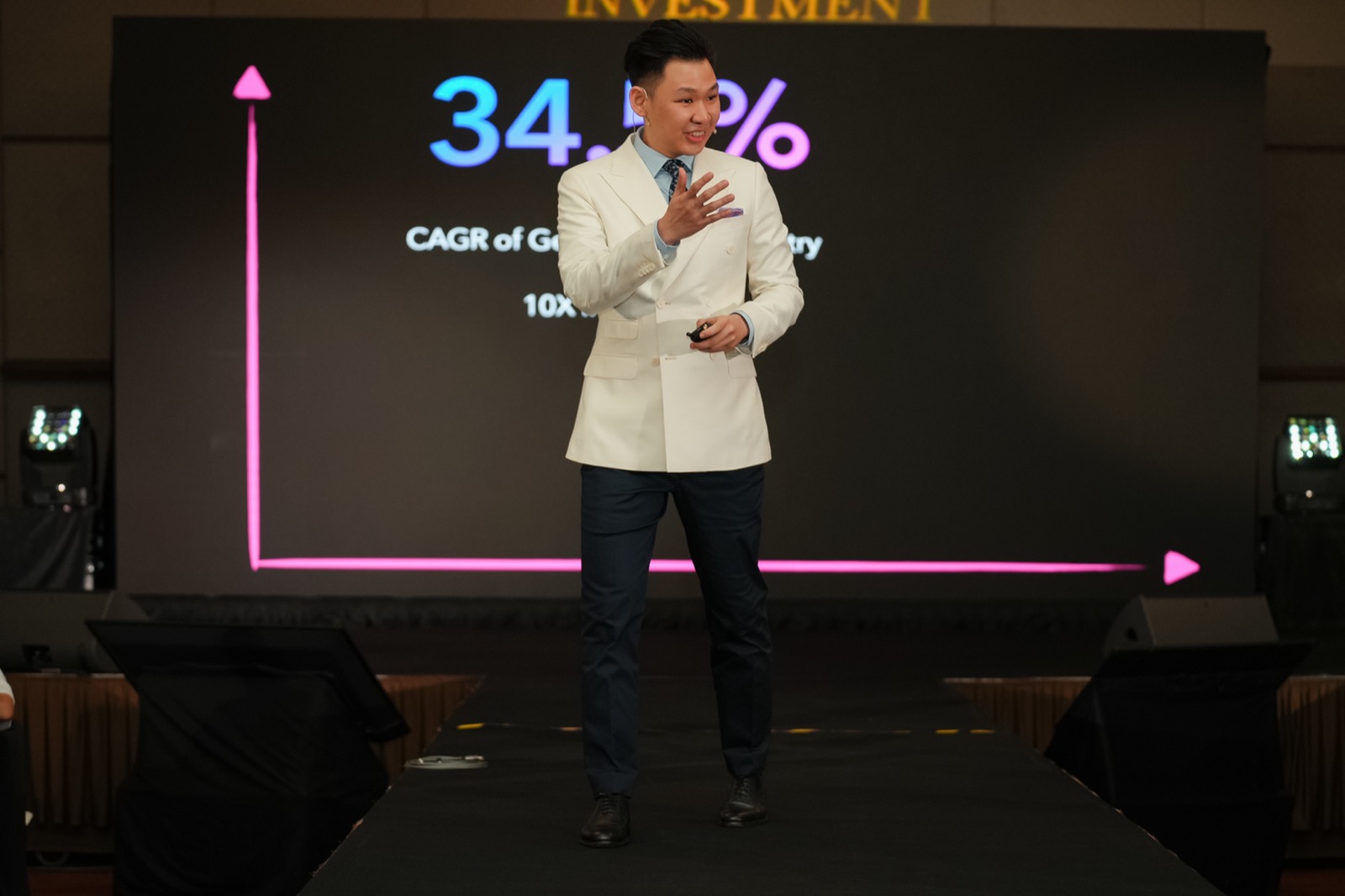 Meng Teck on stage at a Savwee live event